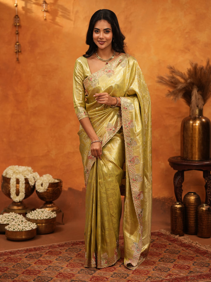 Elegant Olive Gold Banarasi Silk Saree with Floral Embroidered Border & Zari Weaving | Premium Festive Wedding Wear Saree