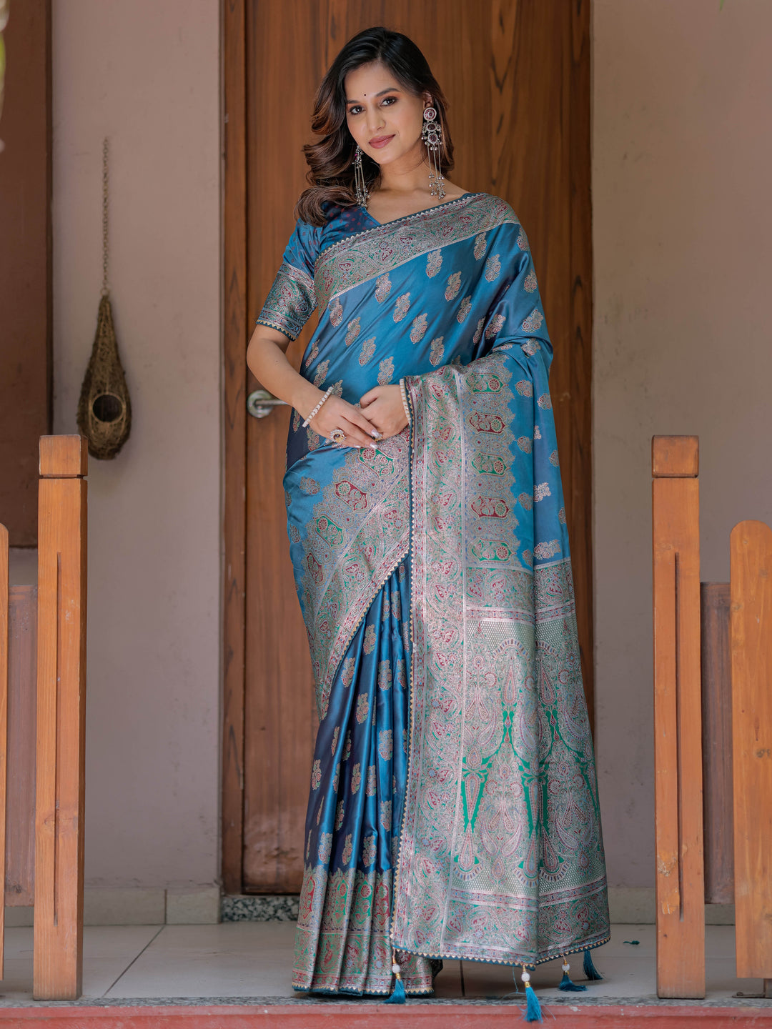 Royal Teal Blue Banarasi Silk Saree with Intricate Paisley Zari Weaving & Tassel Detailing