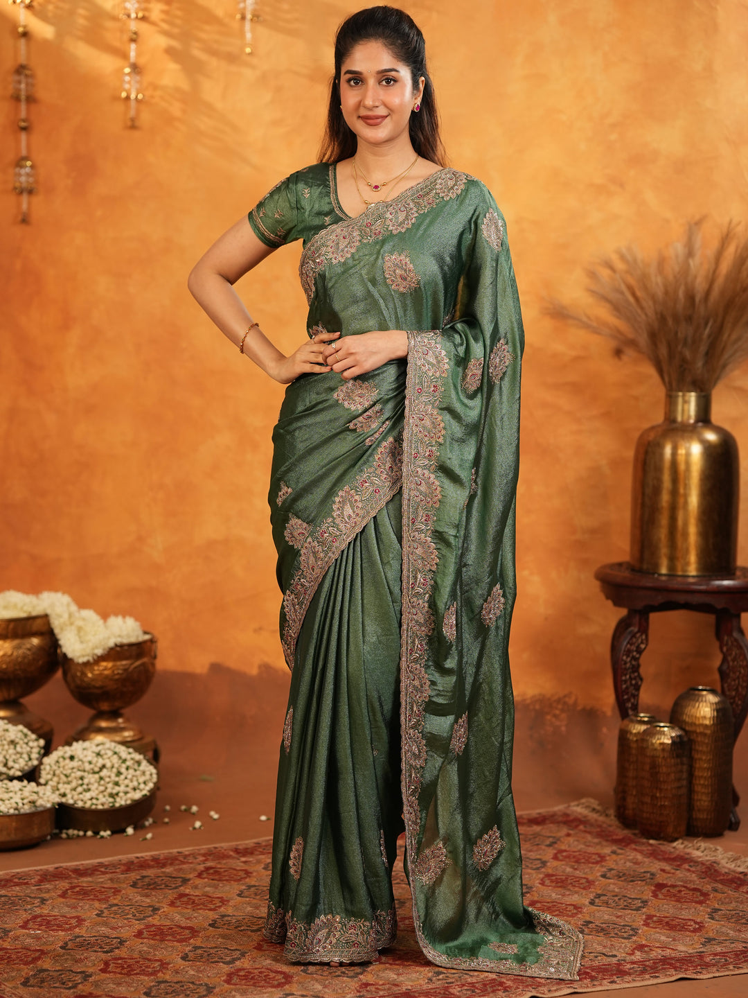 Bottle Green Fendy Satin Embroidered Saree with Intricate Floral Border & Tassels | Designer Saree with Heavy Embroidered Blouse