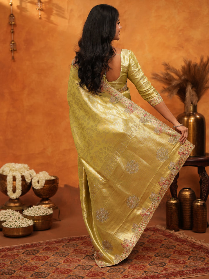 Elegant Olive Gold Banarasi Silk Saree with Floral Embroidered Border & Zari Weaving | Premium Festive Wedding Wear Saree