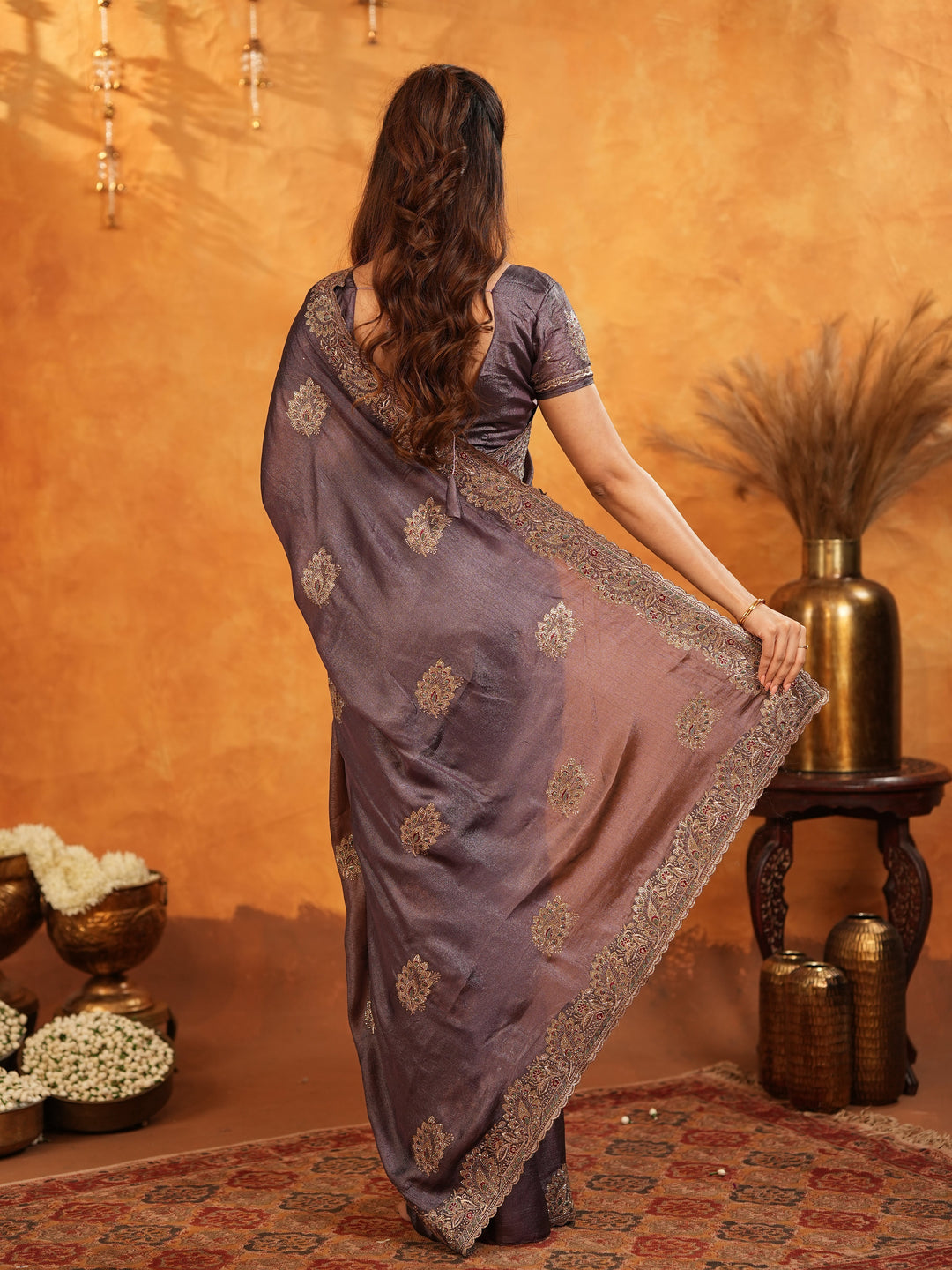 Coffee Brown Fendy Satin Embroidered Saree with Rich Floral Border & Tassels | Designer Saree with Heavy Embroidered Blouse