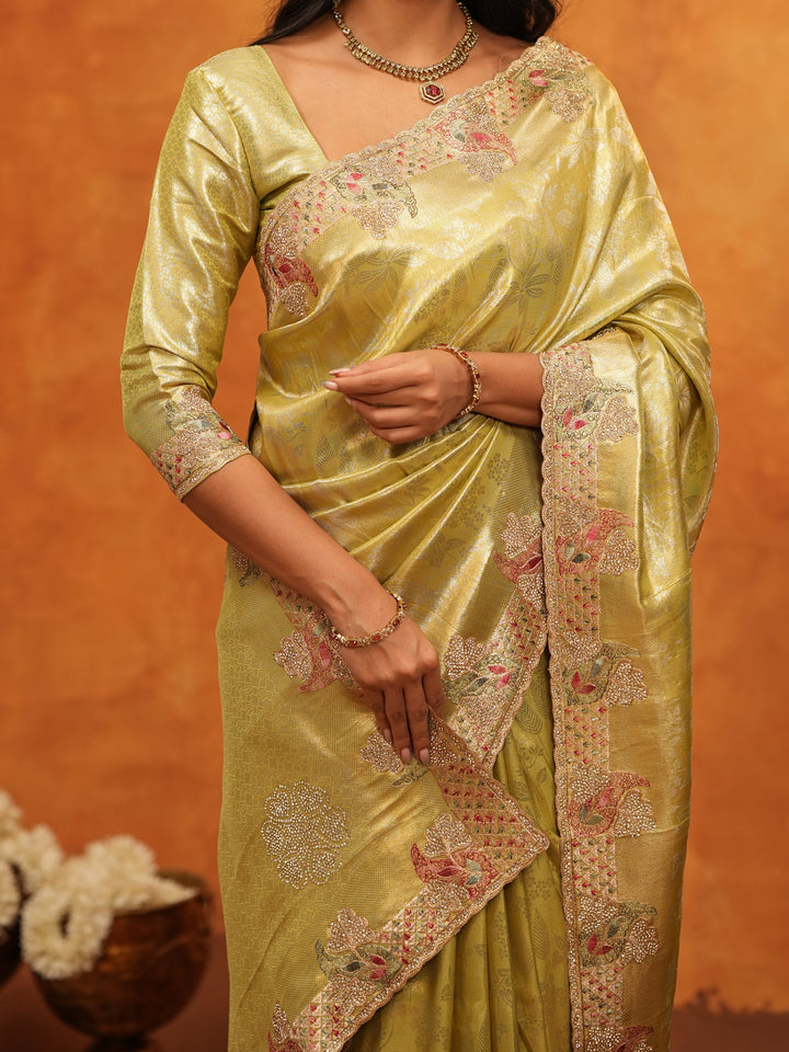 Elegant Olive Gold Banarasi Silk Saree with Floral Embroidered Border & Zari Weaving | Premium Festive Wedding Wear Saree
