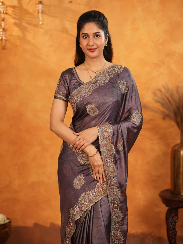 Coffee Brown Fendy Satin Embroidered Saree with Rich Floral Border & Tassels | Designer Saree with Heavy Embroidered Blouse