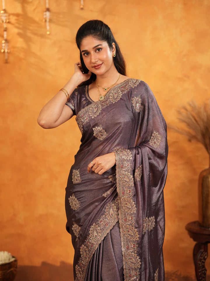 Coffee Brown Fendy Satin Embroidered Saree with Rich Floral Border & Tassels | Designer Saree with Heavy Embroidered Blouse
