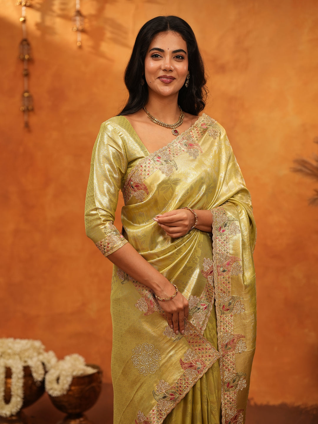 Elegant Olive Gold Banarasi Silk Saree with Floral Embroidered Border & Zari Weaving | Premium Festive Wedding Wear Saree