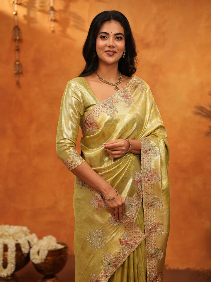 Elegant Olive Gold Banarasi Silk Saree with Floral Embroidered Border & Zari Weaving | Premium Festive Wedding Wear Saree
