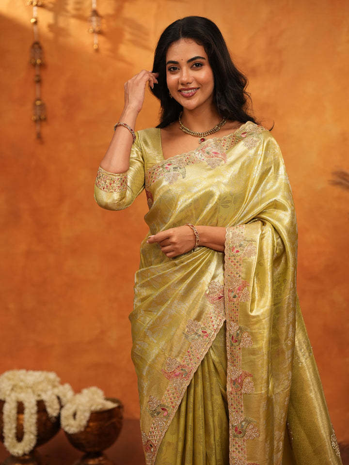 Elegant Olive Gold Banarasi Silk Saree with Floral Embroidered Border & Zari Weaving | Premium Festive Wedding Wear Saree