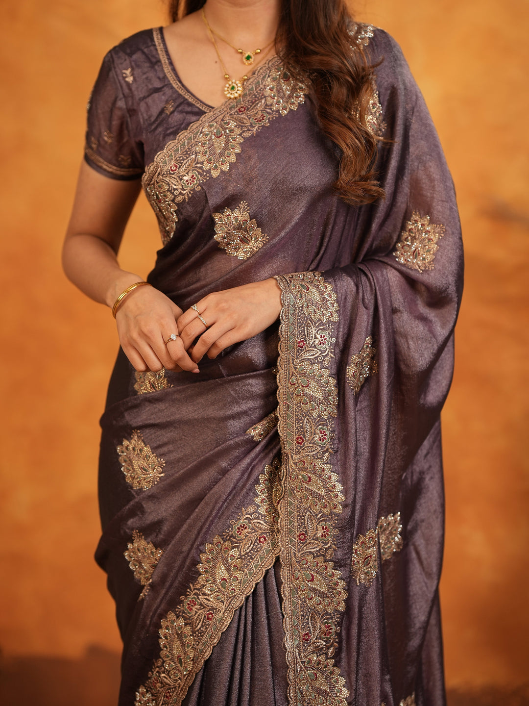 Coffee Brown Fendy Satin Embroidered Saree with Rich Floral Border & Tassels | Designer Saree with Heavy Embroidered Blouse