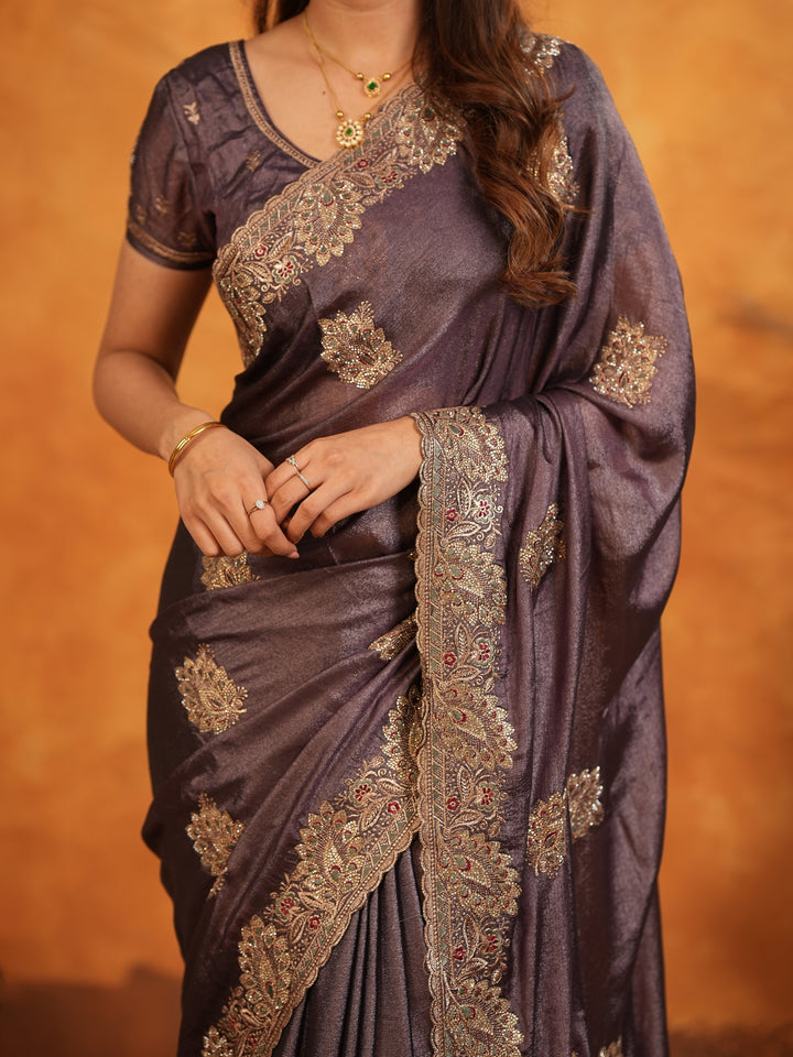 Coffee Brown Fendy Satin Embroidered Saree with Rich Floral Border & Tassels | Designer Saree with Heavy Embroidered Blouse