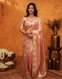 Elegant Rose Gold Banarasi Silk Saree with Floral Embroidered Border & Zari Weaving | Designer Wedding & Festive Wear Saree