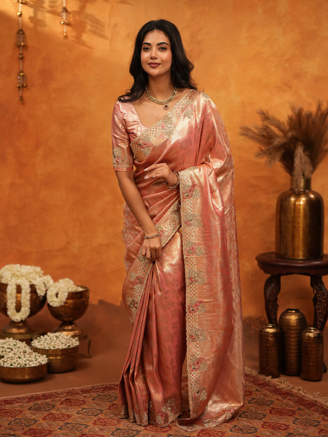 Elegant Rose Gold Banarasi Silk Saree with Floral Embroidered Border & Zari Weaving | Designer Wedding & Festive Wear Saree
