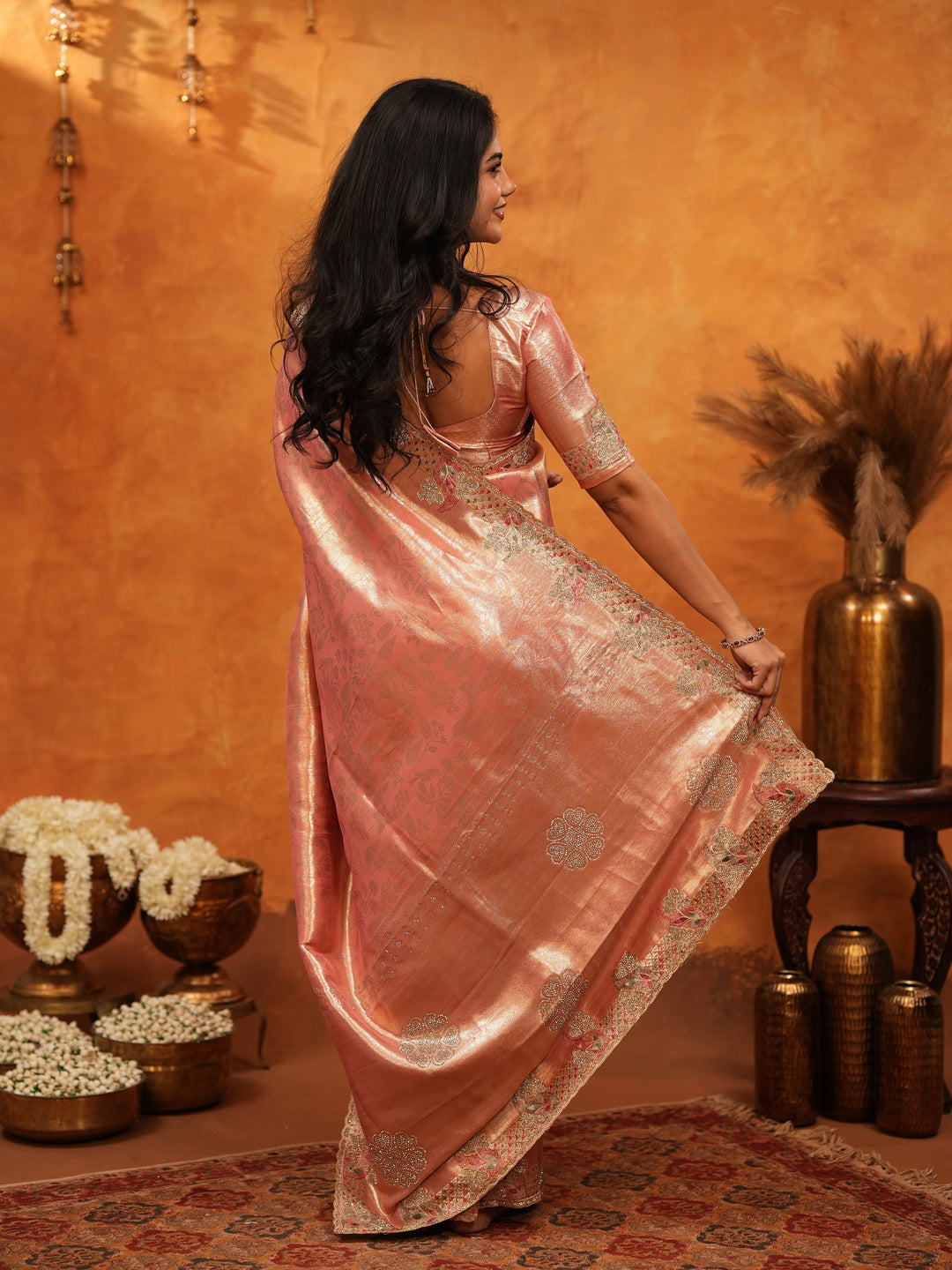 Elegant Rose Gold Banarasi Silk Saree with Floral Embroidered Border & Zari Weaving | Designer Wedding & Festive Wear Saree