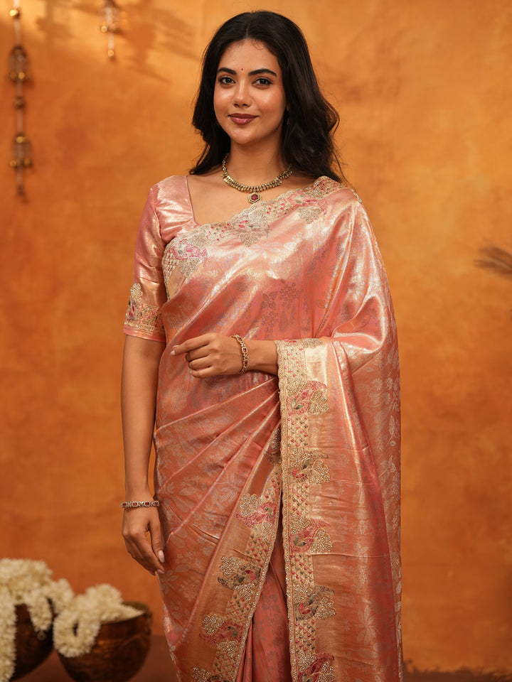 Elegant Rose Gold Banarasi Silk Saree with Floral Embroidered Border & Zari Weaving | Designer Wedding & Festive Wear Saree