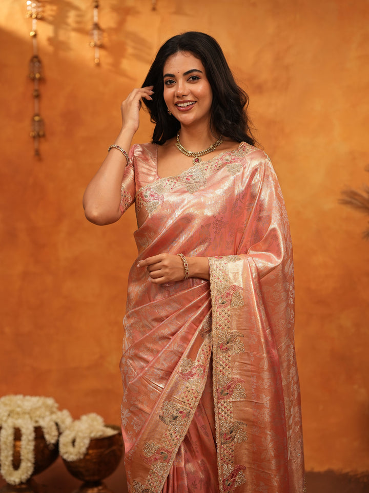 Elegant Rose Gold Banarasi Silk Saree with Floral Embroidered Border & Zari Weaving | Designer Wedding & Festive Wear Saree