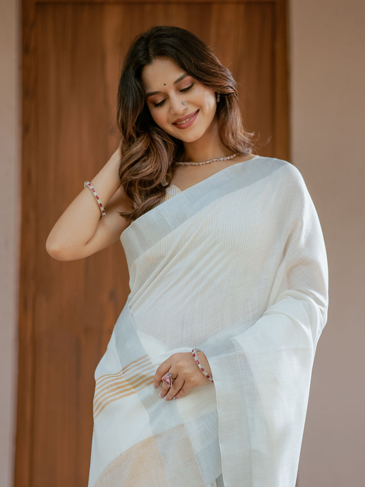 Pure White & Mustard Gold Handloom Cotton Saree with Minimal Striped Border & Tassel Detailing