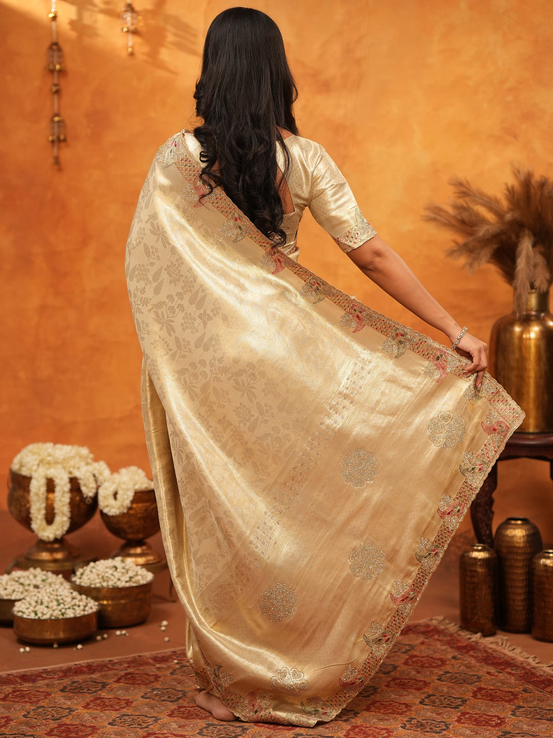 Luxurious Champagne Gold Banarasi Silk Saree with Delicate Floral Embroidered Border & Zari Weaving | Premium Wedding & Festive Wear Saree