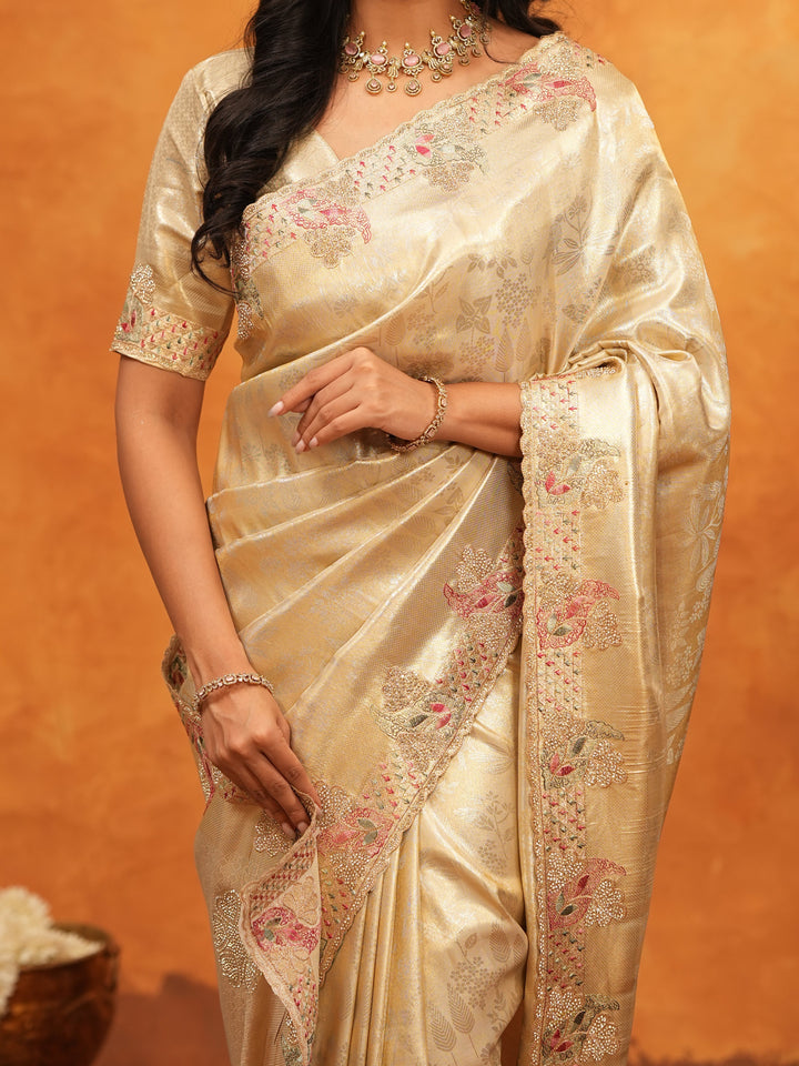 Luxurious Champagne Gold Banarasi Silk Saree with Delicate Floral Embroidered Border & Zari Weaving | Premium Wedding & Festive Wear Saree