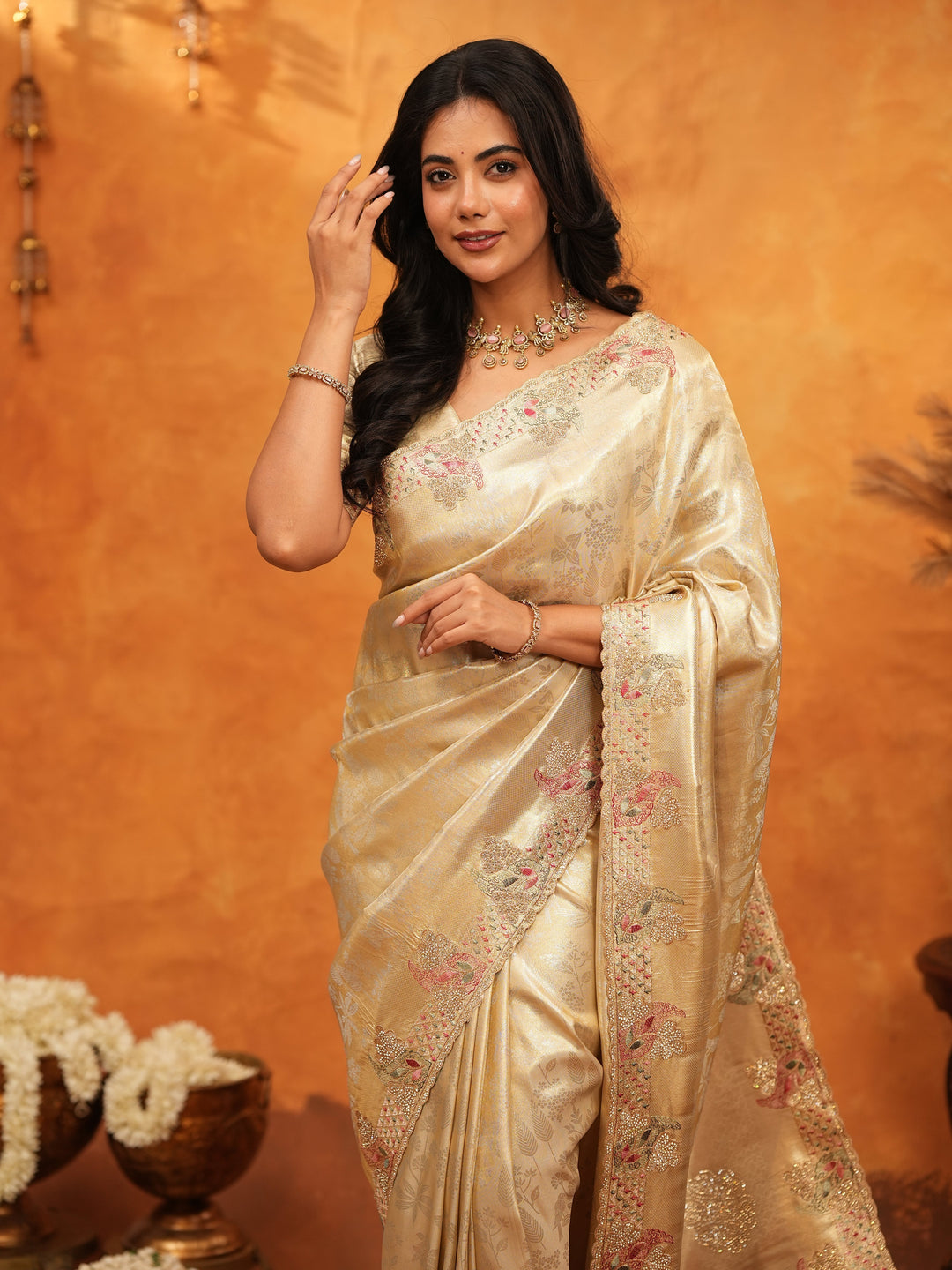 Luxurious Champagne Gold Banarasi Silk Saree with Delicate Floral Embroidered Border & Zari Weaving | Premium Wedding & Festive Wear Saree