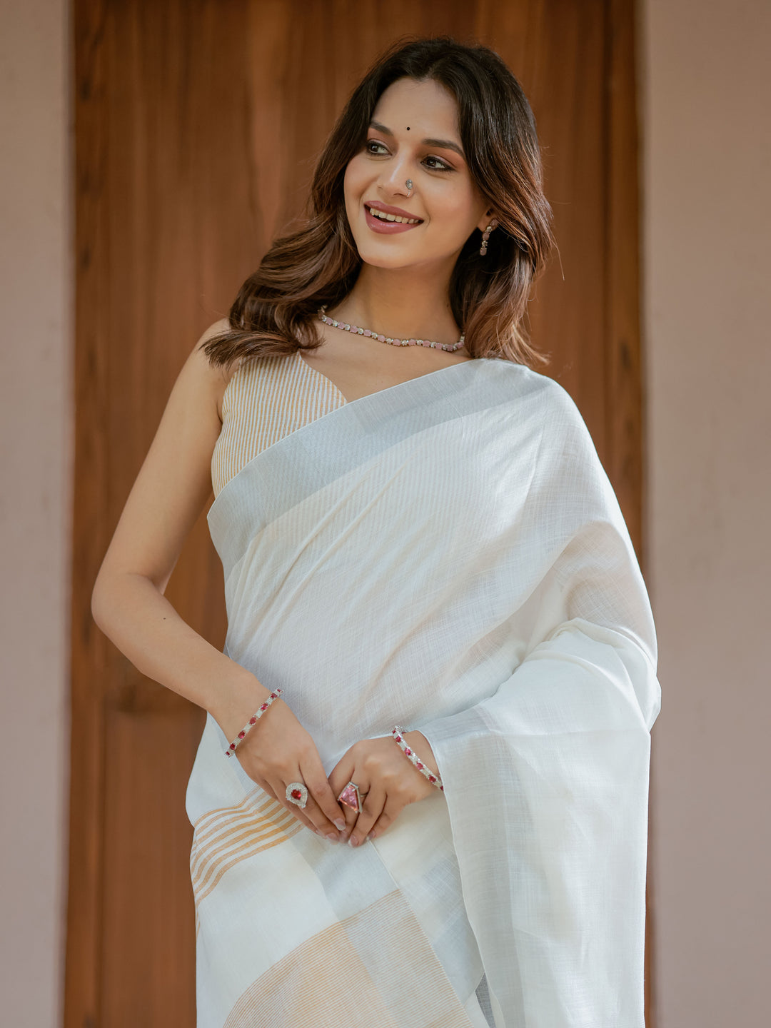 Pure White & Mustard Gold Handloom Cotton Saree with Minimal Striped Border & Tassel Detailing
