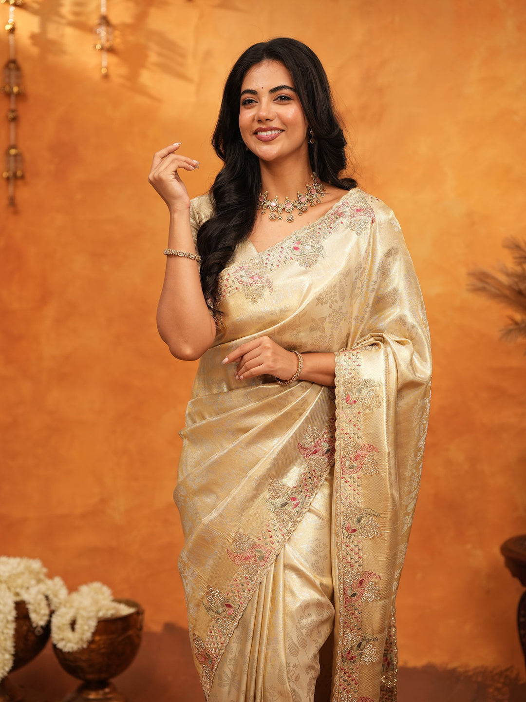 Luxurious Champagne Gold Banarasi Silk Saree with Delicate Floral Embroidered Border & Zari Weaving | Premium Wedding & Festive Wear Saree