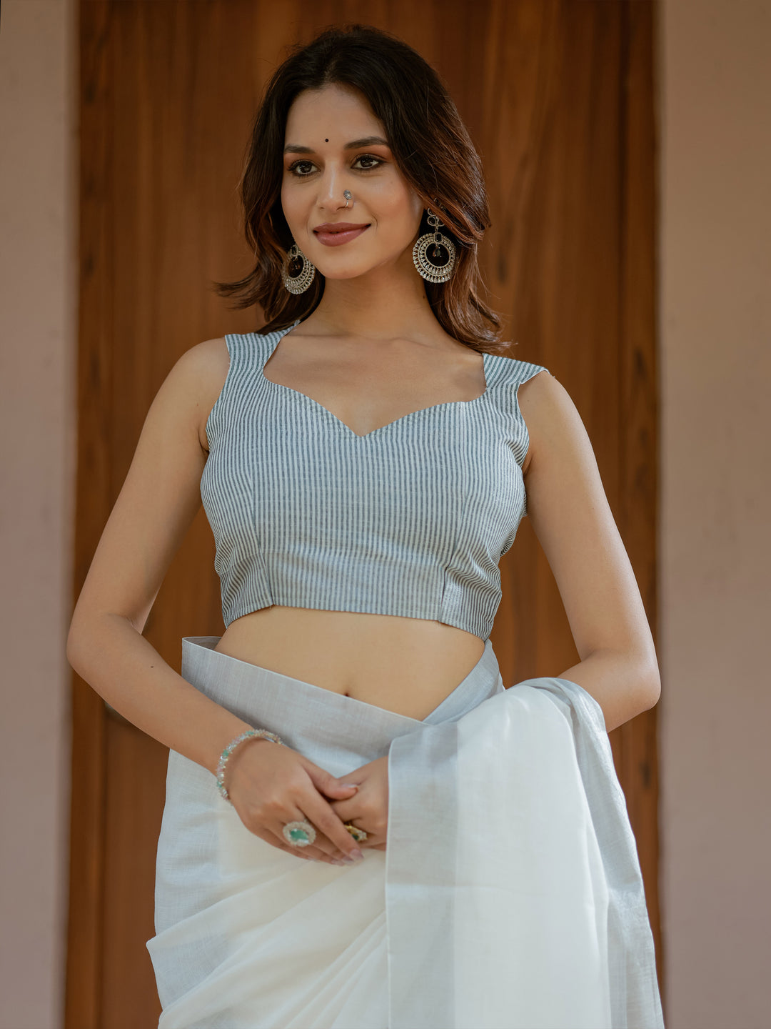 Pure White & Teal Blue Handloom Cotton Saree with Minimal Striped Border & Tassel Detailing
