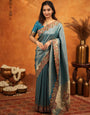 Teal Blue Banarasi Silk Saree with Intricate Zari Weaving & Heavy Embroidered Border | Designer Festive Wedding Wear Saree with Blouse & Tassels