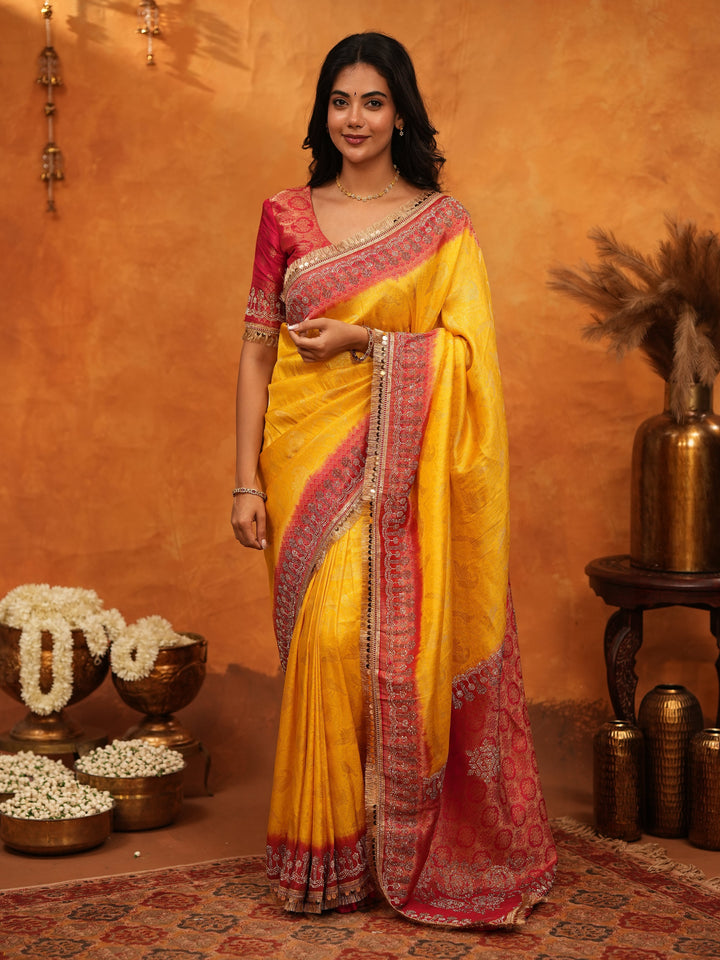 Vibrant Yellow Banarasi Silk Saree with Red Contrast Zari Border & Rich Woven Pallu | Designer Festive & Wedding Wear Saree