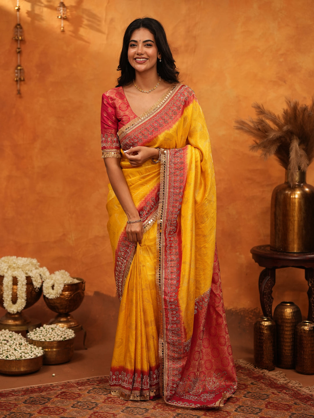 Vibrant Yellow Banarasi Silk Saree with Red Contrast Zari Border & Rich Woven Pallu | Designer Festive & Wedding Wear Saree
