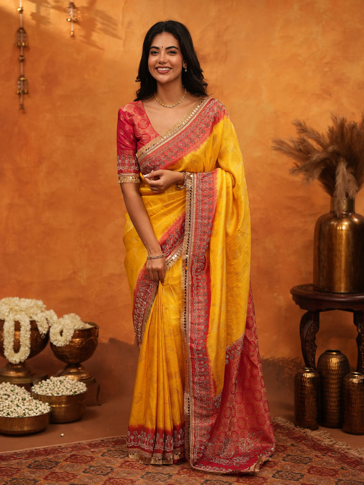 Vibrant Yellow Banarasi Silk Saree with Red Contrast Zari Border & Rich Woven Pallu | Designer Festive & Wedding Wear Saree