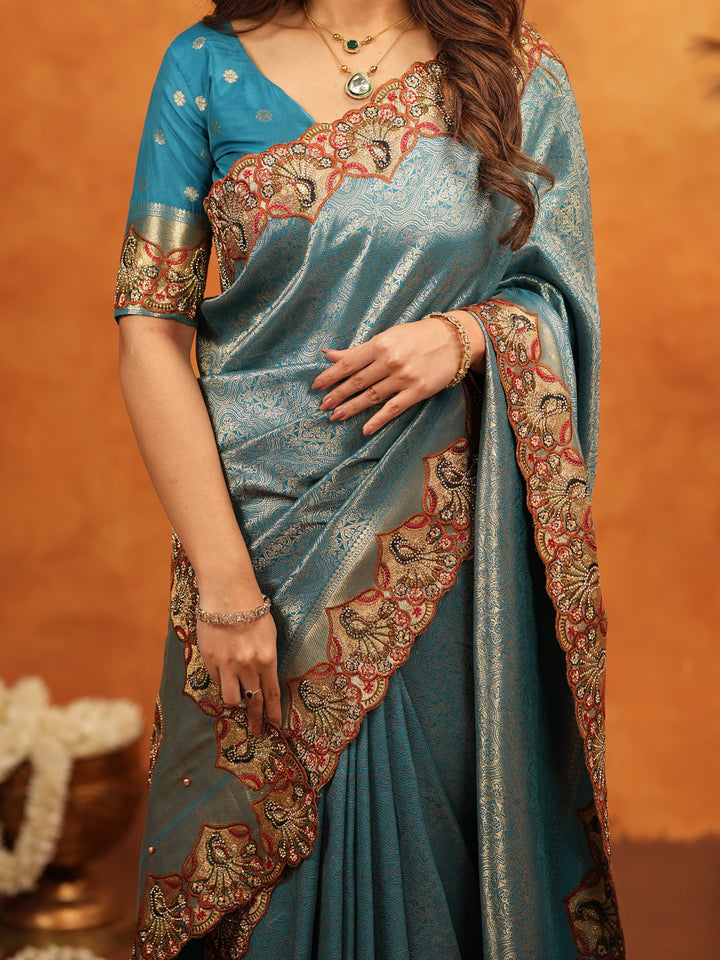 Teal Blue Banarasi Silk Saree with Intricate Zari Weaving & Heavy Embroidered Border | Designer Festive Wedding Wear Saree with Blouse & Tassels