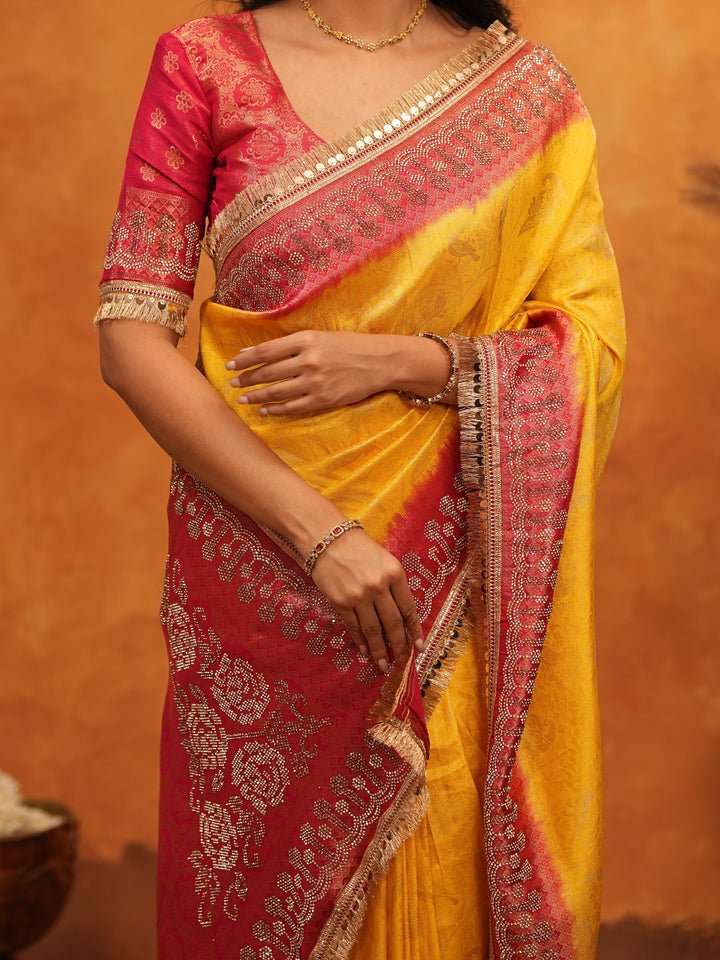 Vibrant Yellow Banarasi Silk Saree with Red Contrast Zari Border & Rich Woven Pallu | Designer Festive & Wedding Wear Saree