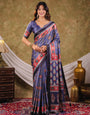 Steel Blue Pure Chinnon Ajrakh Printed Saree with Tassel Edges, Traditional Ethnic Print & Matching Blouse Piece