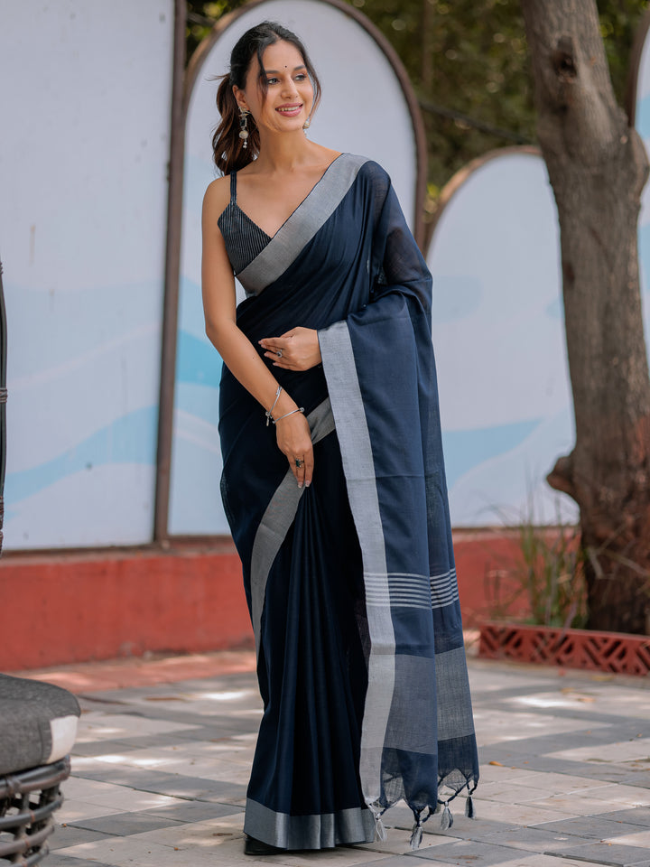 Elegant Midnight Navy Blue Pure Handloom Cotton Saree with Silver Border & Tassel Detailing