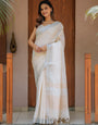 Ivory Cream Pure Handloom Cotton Saree with Golden Striped Weaving & Tassel Detailing