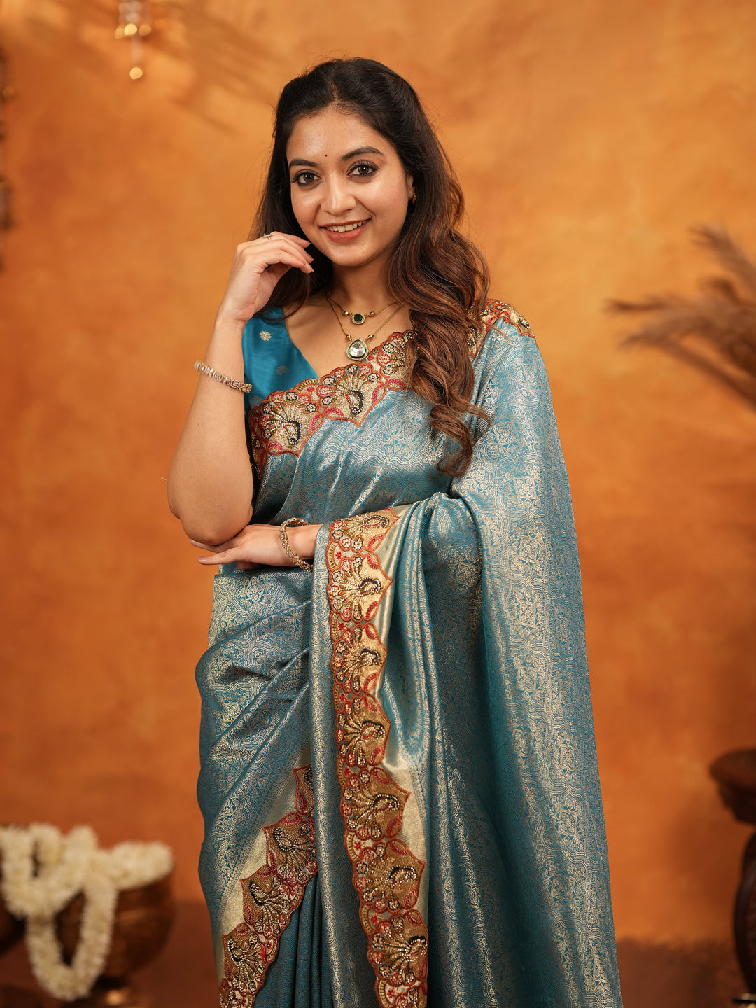 Teal Blue Banarasi Silk Saree with Intricate Zari Weaving & Heavy Embroidered Border | Designer Festive Wedding Wear Saree with Blouse & Tassels