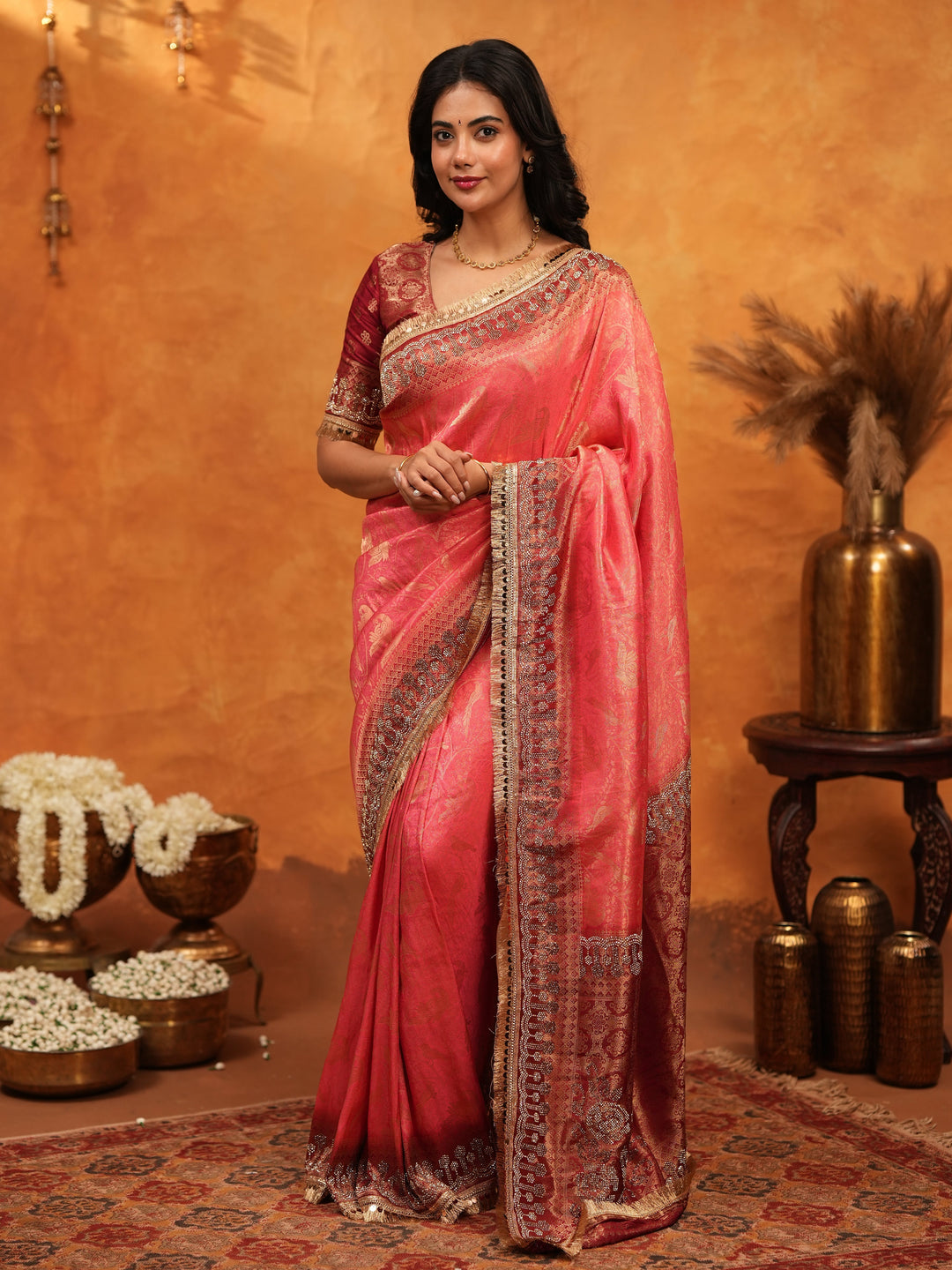 Graceful Coral Pink Banarasi Silk Saree with Rich Zari Border & Contrast Blouse | Designer Wedding & Festive Wear Saree