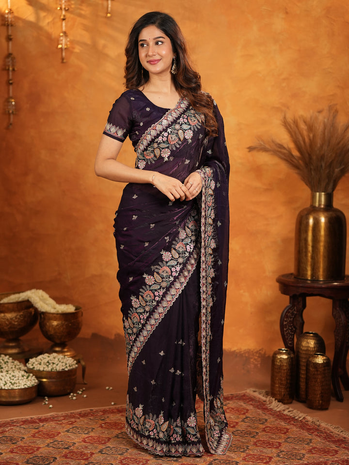 Deep Wine Purple Fendy Satin Embroidered Saree with Floral Border & Designer Pallu | Party Wear Saree with Heavy Embroidered Blouse