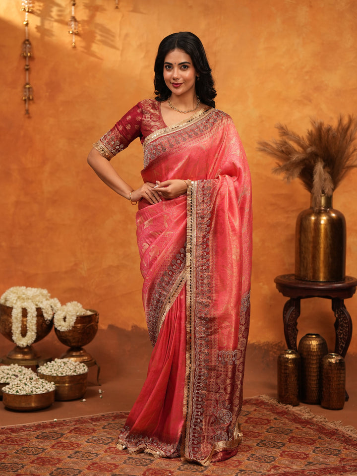 Graceful Coral Pink Banarasi Silk Saree with Rich Zari Border & Contrast Blouse | Designer Wedding & Festive Wear Saree