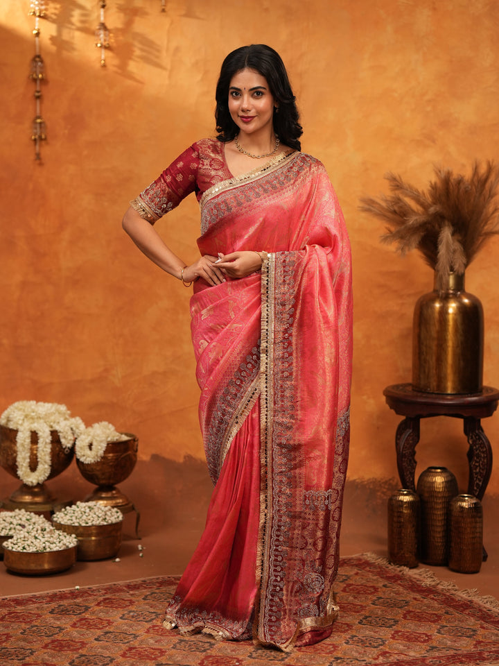Graceful Coral Pink Banarasi Silk Saree with Rich Zari Border & Contrast Blouse | Designer Wedding & Festive Wear Saree