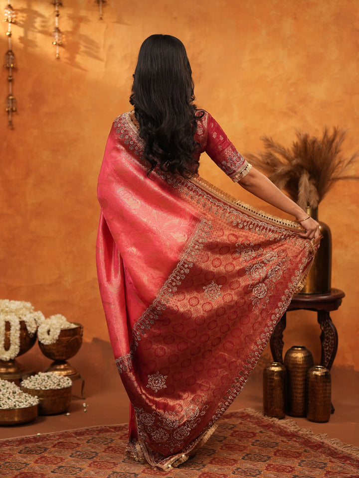 Graceful Coral Pink Banarasi Silk Saree with Rich Zari Border & Contrast Blouse | Designer Wedding & Festive Wear Saree