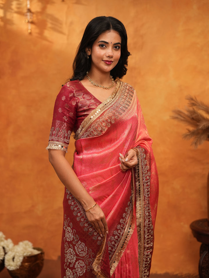 Graceful Coral Pink Banarasi Silk Saree with Rich Zari Border & Contrast Blouse | Designer Wedding & Festive Wear Saree