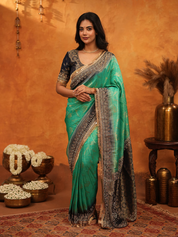 Elegant Teal Green Banarasi Silk Saree with Black Zari Border & Rich Woven Pallu | Designer Festive & Wedding Wear Saree
