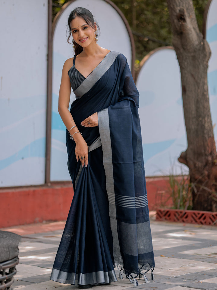 Elegant Midnight Navy Blue Pure Handloom Cotton Saree with Silver Border & Tassel Detailing