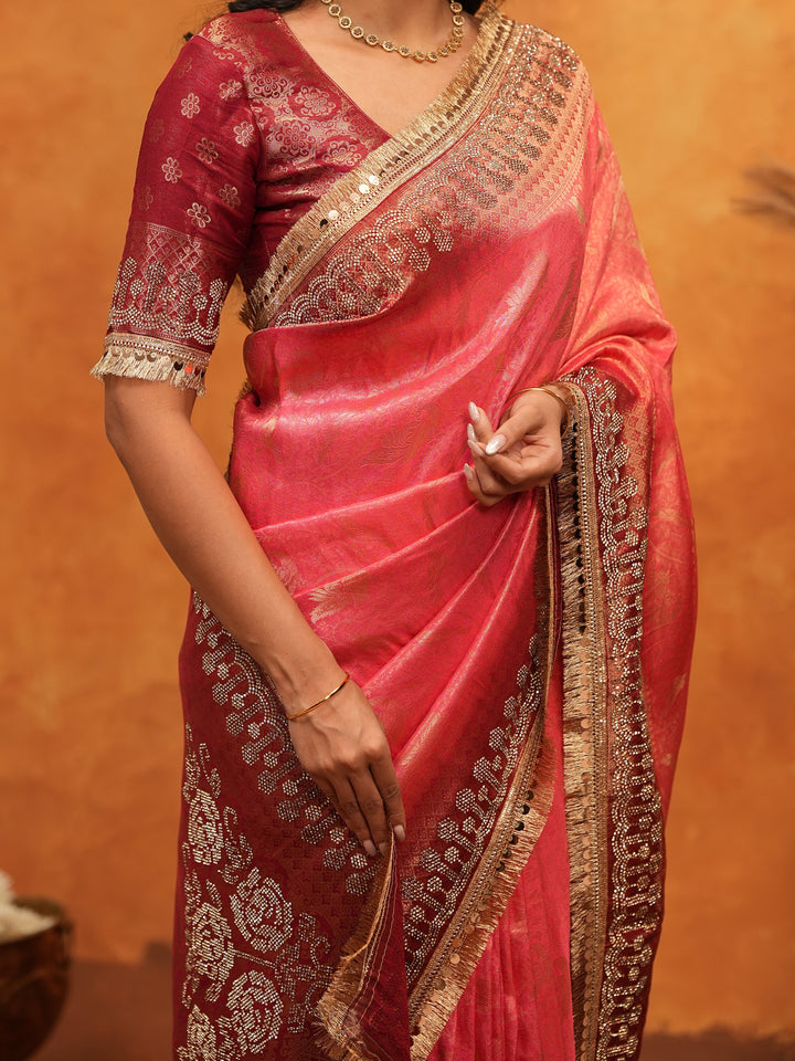 Graceful Coral Pink Banarasi Silk Saree with Rich Zari Border & Contrast Blouse | Designer Wedding & Festive Wear Saree