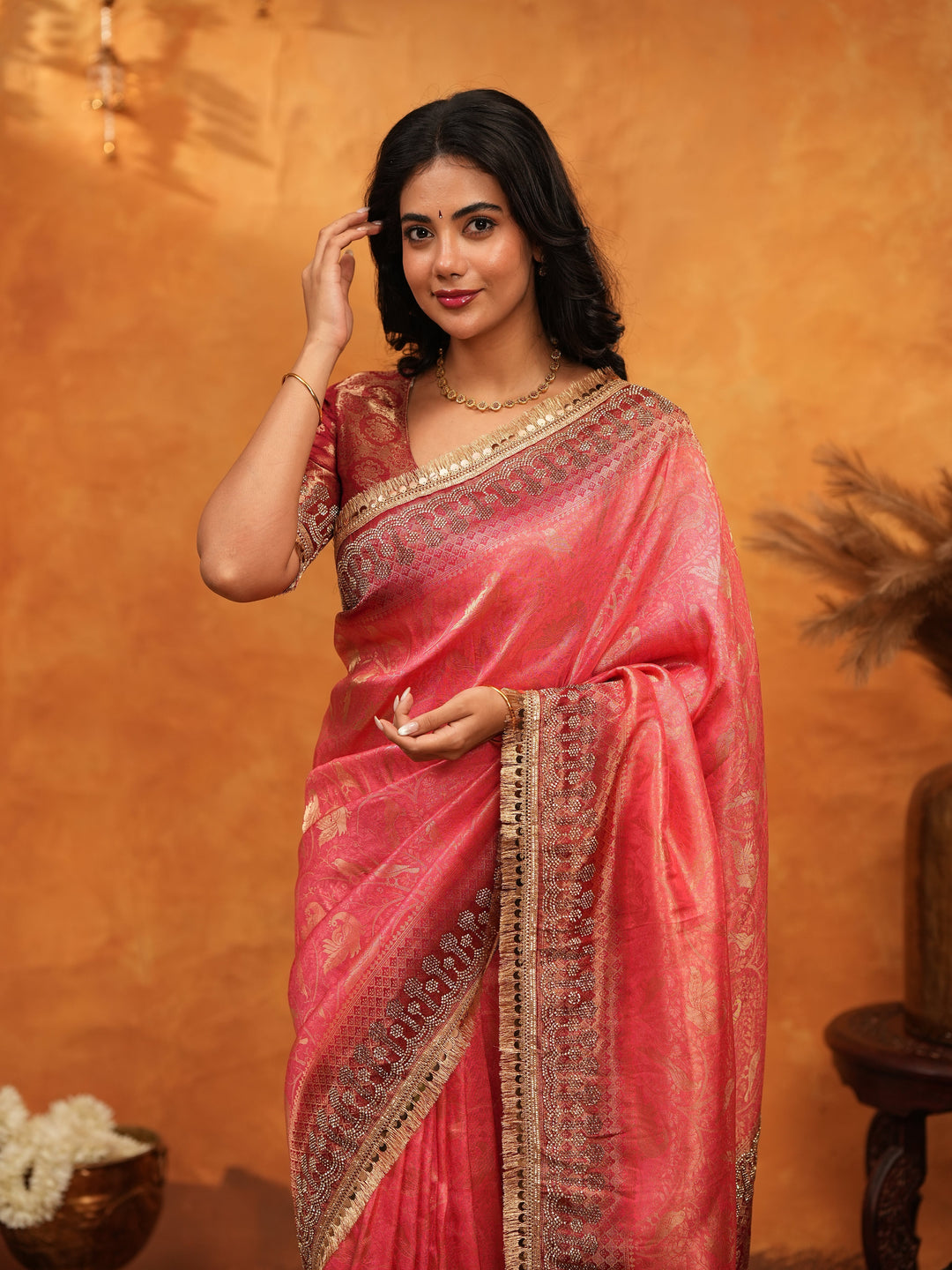 Graceful Coral Pink Banarasi Silk Saree with Rich Zari Border & Contrast Blouse | Designer Wedding & Festive Wear Saree