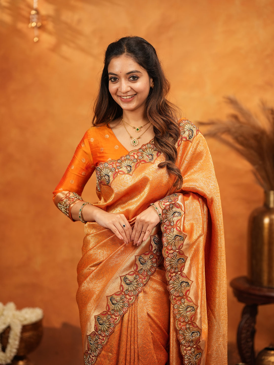 Rust Orange Banarasi Silk Embroidered Saree with Royal Floral Border & Zari Weaving | Heavy Embroidered Blouse with Tassels | Wedding & Festive Wear Saree