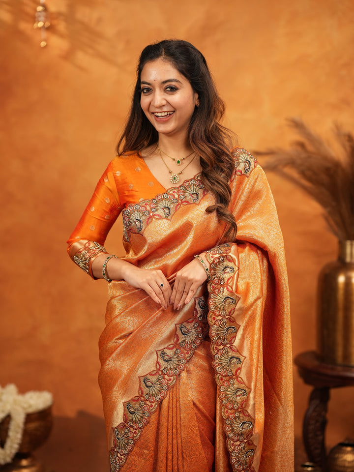 Rust Orange Banarasi Silk Embroidered Saree with Royal Floral Border & Zari Weaving | Heavy Embroidered Blouse with Tassels | Wedding & Festive Wear Saree