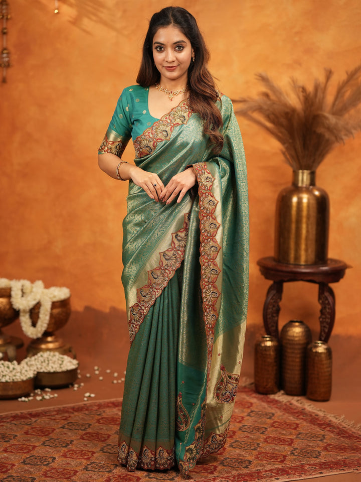Teal Green Banarasi Silk Embroidered Saree with Royal Paisley Border & Zari Weaving | Heavy Embroidered Blouse with Tassels | Wedding & Festive Wear Saree