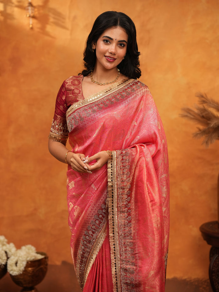 Graceful Coral Pink Banarasi Silk Saree with Rich Zari Border & Contrast Blouse | Designer Wedding & Festive Wear Saree
