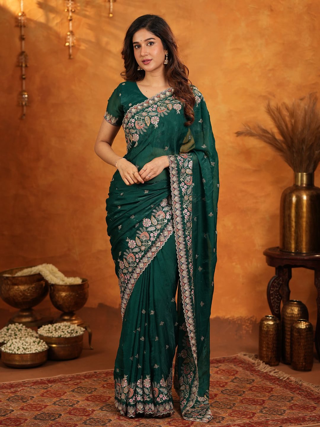Emerald Green Fendy Satin Embroidered Saree with Heavy Floral Border & Tassels | Designer Saree with Rich Embroidered Blouse
